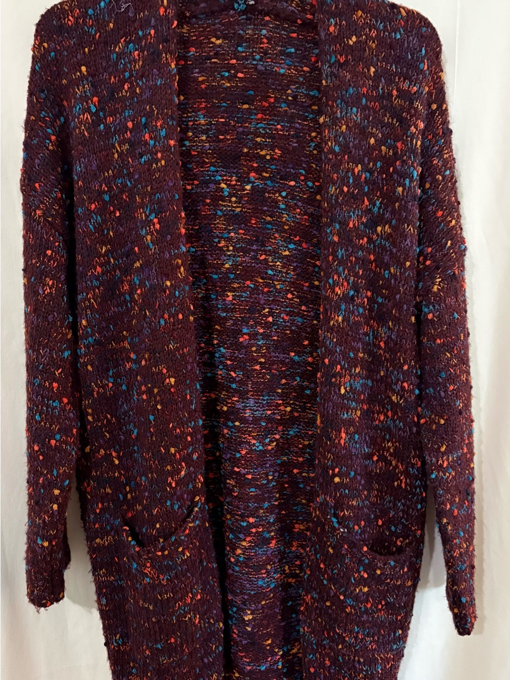 LA MIEL Marled Burgundy Open-Front Cardigan with Multicolor Flecks